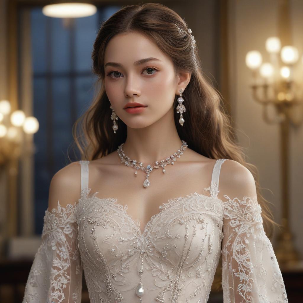 ((masterpiece)),(((best quality))), 8k, high detailed, ultra detailed, A girl with long hair in the manner of Haruhiko Mikimoto, intricate hair details, (subtle blush on cheeks), (delicate lace pattern on dress), (sparkling gemstone earrings) hyperrealistic, full body, detailed clothing, highly detailed, cinematic lighting, stunningly beautiful, intricate, sharp focus, f/1. 8, 85mm, (centered image composition), (professionally color graded), ((bright soft diffused light)), volumetric fog, trending on instagram, trending on tumblr, HDR 4K, 8K