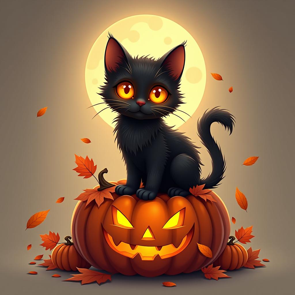  a cute black cat with glowing eyes sitting on a pumpkin, surrounded by swirling autumn leaves in a whimsical style, with warm, moody lighting. t shirt design, vector, contour, white background, no mockup hyperrealistic, full body, detailed clothing, highly detailed, cinematic lighting, stunningly beautiful, intricate, sharp focus, f/1. 8, 85mm, (centered image composition), (professionally color graded), ((bright soft diffused light)), volumetric fog, trending on instagram, trending on tumblr, HDR 4K, 8K