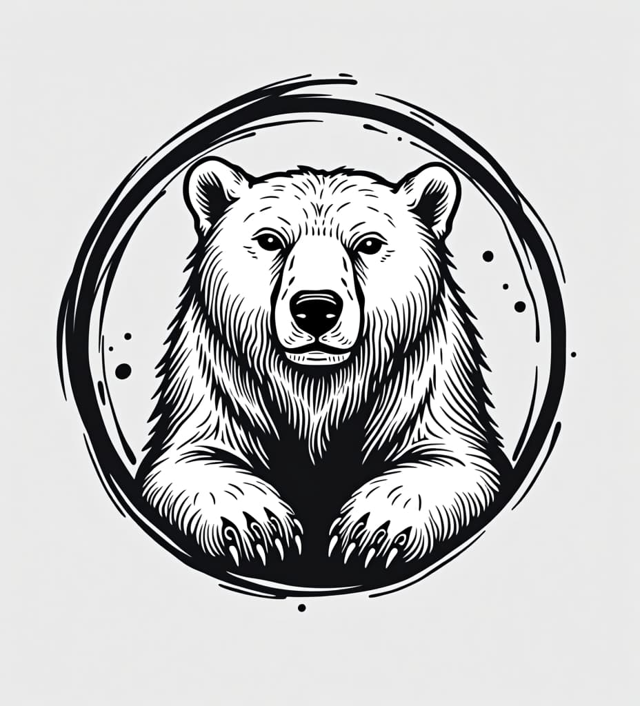  black on white sketch of circular logo that is made up of polar bear outlines and polar bear paw outlines. unique design, trendy pattern, minimalist