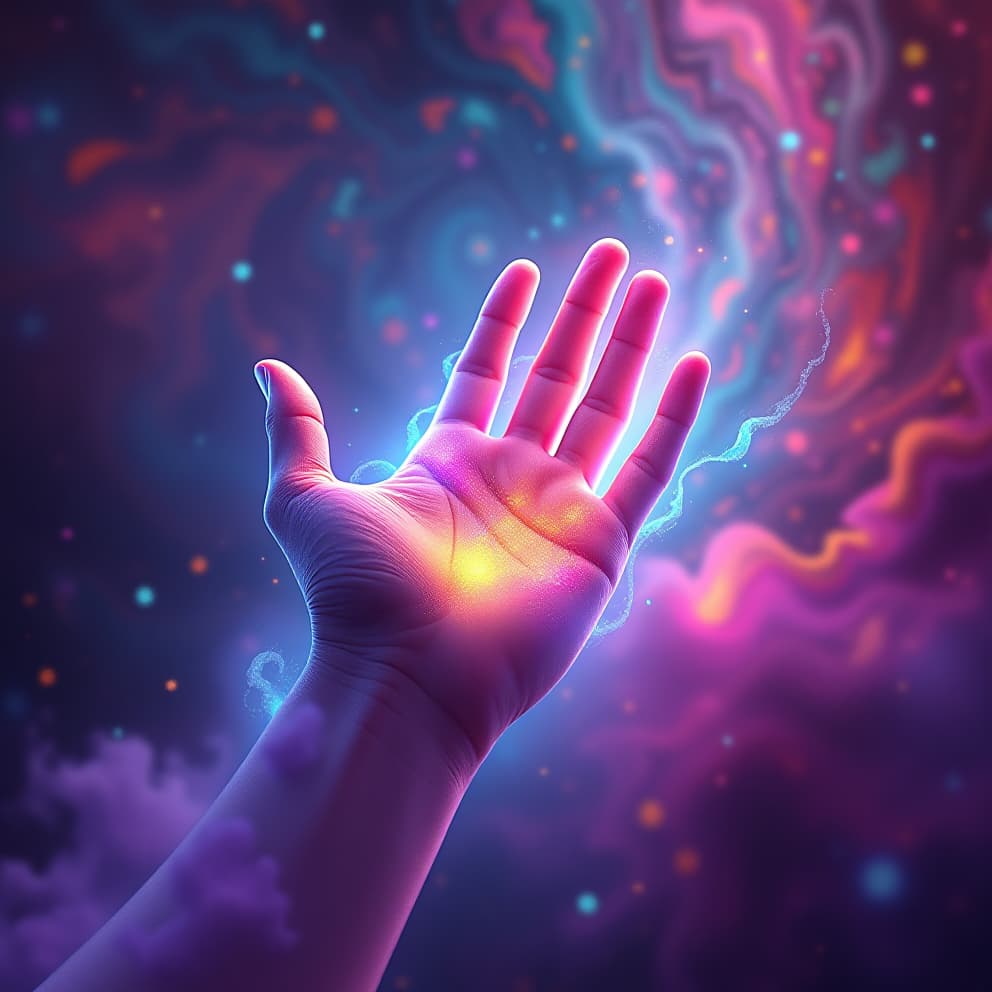  a vibrant, psychedelic hand emerging from a swirling vortex of color and light, glowing with ethereal energy and magical aura. the hand is surrounded by abstract, flowing patterns and cosmic dust, radiating a powerful and otherworldly presence. the hand is reaching out, as if to beckon the viewer into a realm of wonder and mystery. the color palette should be bold and saturated, with a focus on neon hues and deep purples.hyper detail, intricate details, sharp focus, high resolution, 8k, ultra detailed, vib