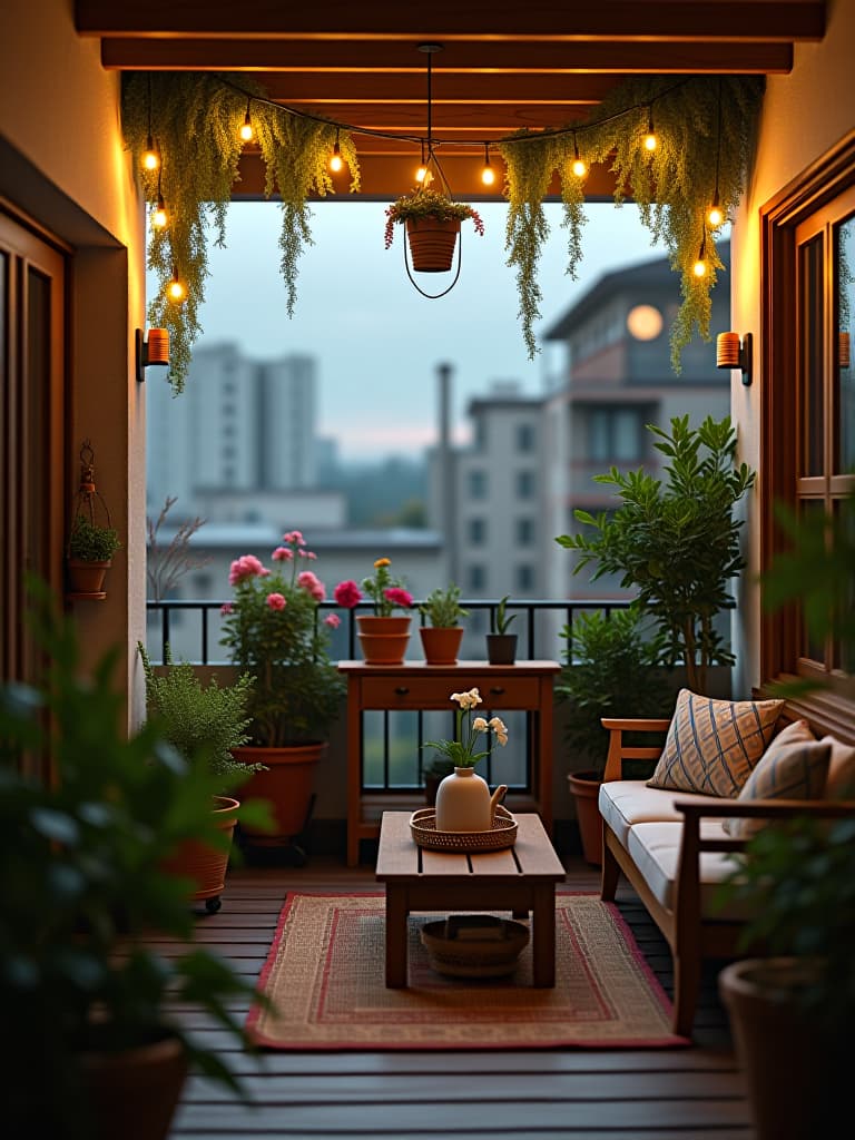  high quality portrait photo of a cozy apartment balcony or small outdoor space with vertical gardening, string lights, and comfortable seating made from repurposed materials hyperrealistic, full body, detailed clothing, highly detailed, cinematic lighting, stunningly beautiful, intricate, sharp focus, f/1. 8, 85mm, (centered image composition), (professionally color graded), ((bright soft diffused light)), volumetric fog, trending on instagram, trending on tumblr, HDR 4K, 8K