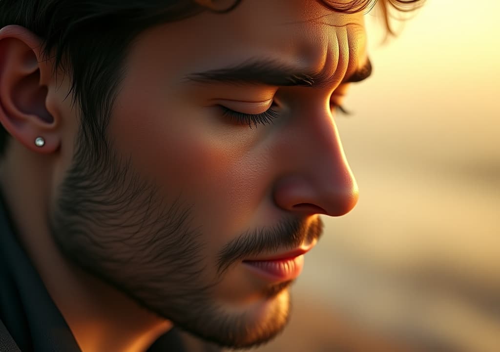  a close up of a man's contemplative face, eyes closed with a faint tear, surrounded by soft, warm light. ethereal symbols of healing, like gentle waves and blooming flowers, subtly blend into the background. hyperrealistic, full body, detailed clothing, highly detailed, cinematic lighting, stunningly beautiful, intricate, sharp focus, f/1. 8, 85mm, (centered image composition), (professionally color graded), ((bright soft diffused light)), volumetric fog, trending on instagram, trending on tumblr, HDR 4K, 8K