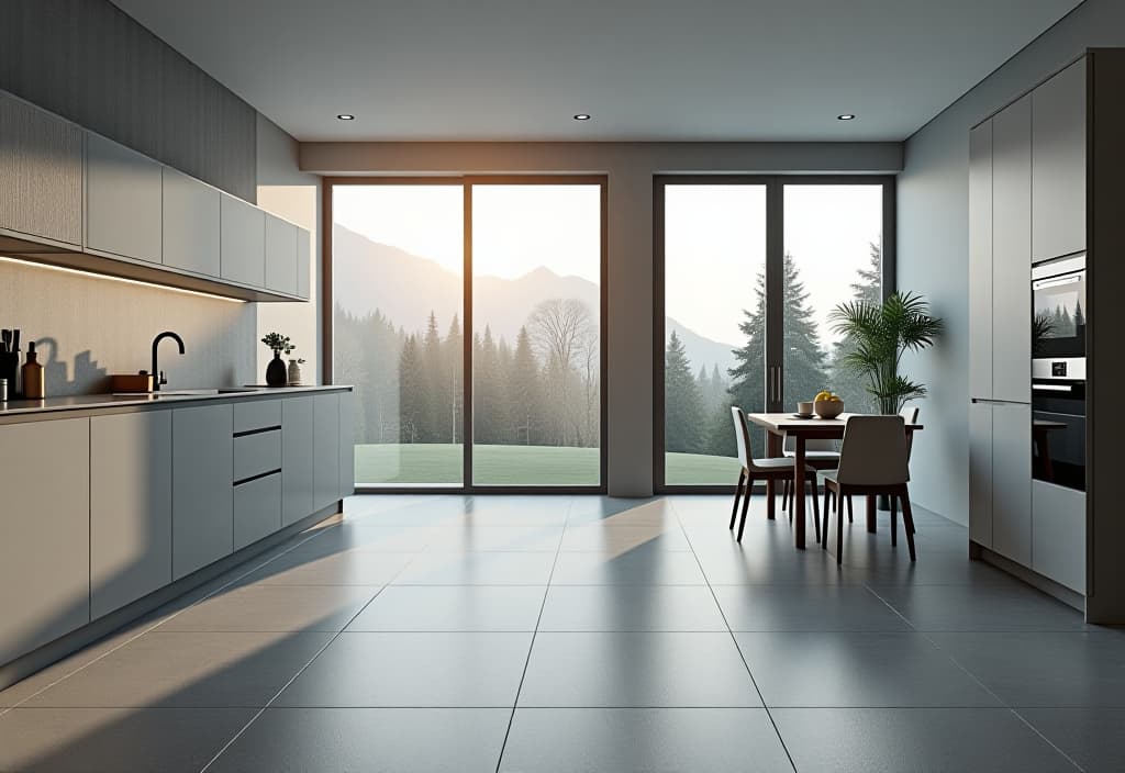  a landscape photo of a minimalist kitchen with sleek, matte finish rubber flooring in a soft gray tone. the seamless surface creates a clean, modern look while providing comfort underfoot hyperrealistic, full body, detailed clothing, highly detailed, cinematic lighting, stunningly beautiful, intricate, sharp focus, f/1. 8, 85mm, (centered image composition), (professionally color graded), ((bright soft diffused light)), volumetric fog, trending on instagram, trending on tumblr, HDR 4K, 8K