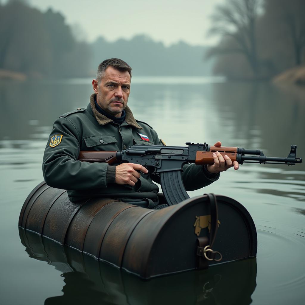  the president of ukraine, zelensky, is floating in a barrel on the dnipro river with an ak74. hyperrealistic, full body, detailed clothing, highly detailed, cinematic lighting, stunningly beautiful, intricate, sharp focus, f/1. 8, 85mm, (centered image composition), (professionally color graded), ((bright soft diffused light)), volumetric fog, trending on instagram, trending on tumblr, HDR 4K, 8K