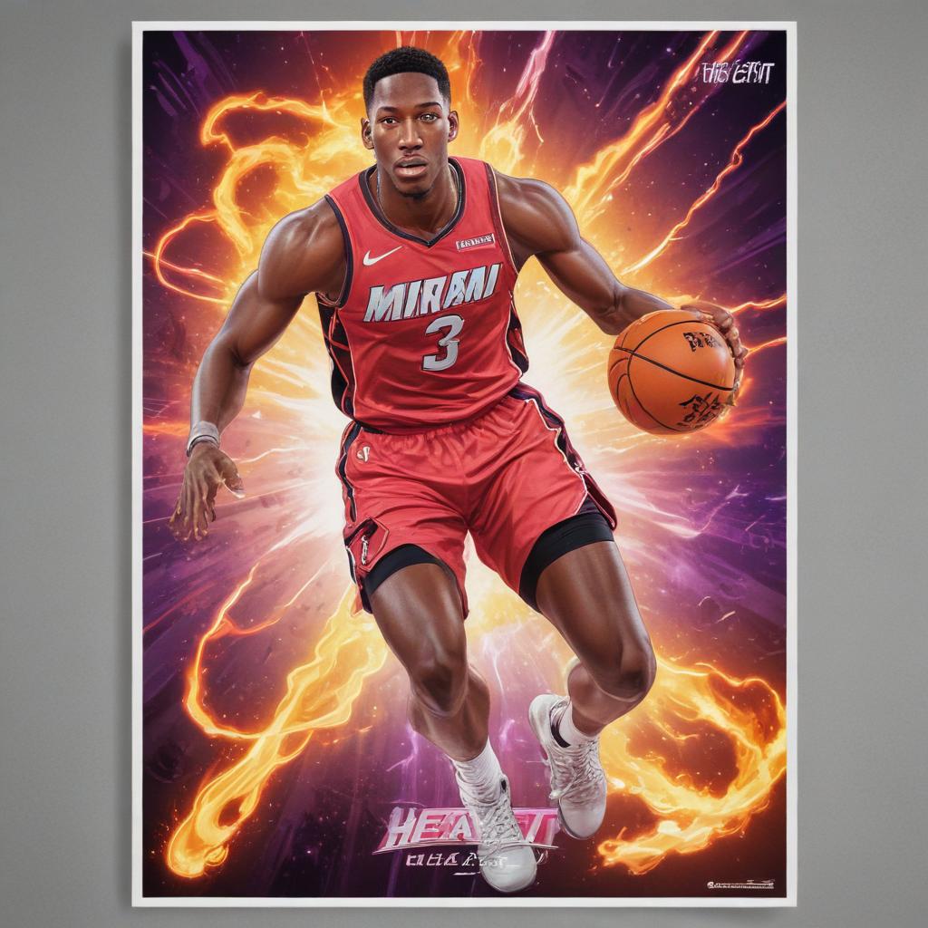 distance-shot, flashy, full-body, dynamic, holographic, animated cartoon poster of miami heat player bam adebayo in the style of dragon ball super