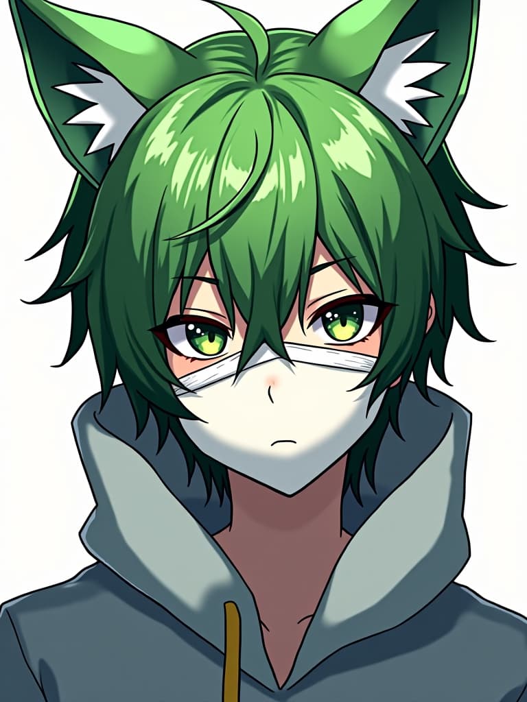  a green haired,fox eared character with half his face hidden by a white mask