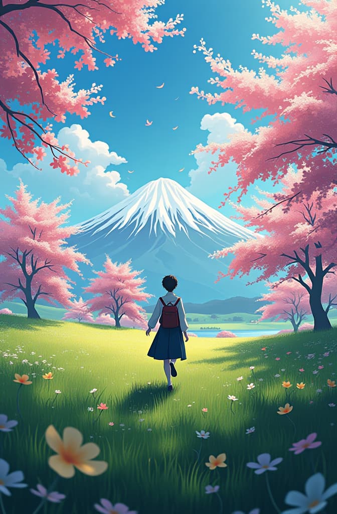  "spring in japan, nature fields in japan. anime painting, modern, contrast, strong light and shadow, beautiful peaceful evening light, majestic, breathtaking, 8k high quality, anime concept art by hayao miyazaki, featured on pixiv, fantasy art, concept art, official art, high detailed hyperrealistic, full body, detailed clothing, highly detailed, cinematic lighting, stunningly beautiful, intricate, sharp focus, f/1. 8, 85mm, (centered image composition), (professionally color graded), ((bright soft diffused light)), volumetric fog, trending on instagram, trending on tumblr, HDR 4K, 8K