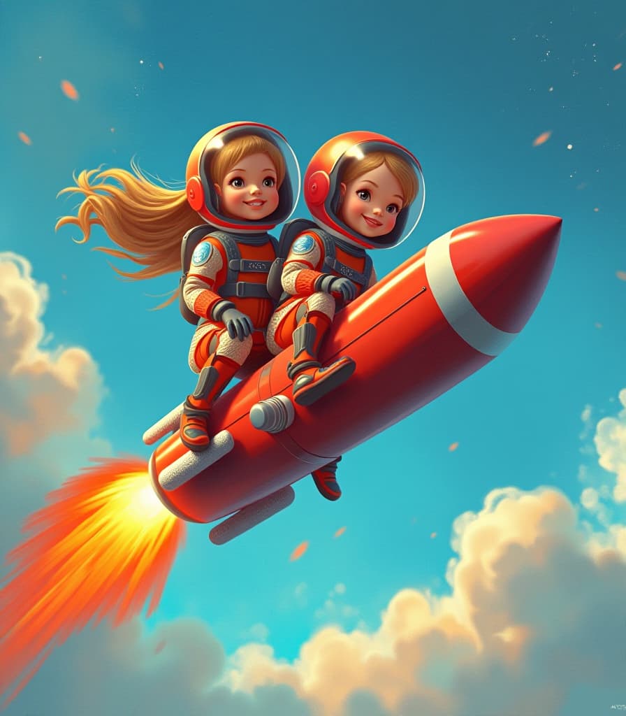  concept art painting. oil painting. (ken and barbie fly on a space rocket in helmets space:1.5). (at the bottom of the large red inscription “artgeneration”:1.2). around the blue sky with light clouds. cartoon style. high detail, high definition, high resolution. . digital artwork, illustrative, painterly, matte painting, highly detailed