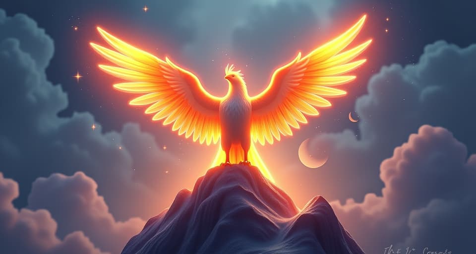  a majestic, glowing phoenix with radiant feathers, standing on a peak of a luminescent mountain. the figure exudes a sense of triumphant revelation in an ethereal setting.. the style is digital art illustration,highly detailed, whimsical,magical, dreamlike atmosphere, realism and fantasy blend, smooth, glossy textures,luminous quality, wonder and enchantment.