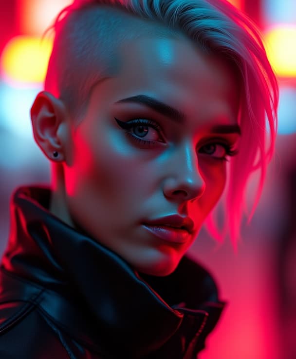  ultra realistic close up portrait ((beautiful pale cyberpunk female with heavy black eyeliner)), blue eyes, shaved side haircut, hyper detail, cinematic lighting, magic neon, dark red city, canon eos r3, nikon, f/1.4, iso 200, 1/160s, 8k, raw, unedited, symmetrical balance, in frame, 8k hyperrealistic, full body, detailed clothing, highly detailed, cinematic lighting, stunningly beautiful, intricate, sharp focus, f/1. 8, 85mm, (centered image composition), (professionally color graded), ((bright soft diffused light)), volumetric fog, trending on instagram, trending on tumblr, HDR 4K, 8K