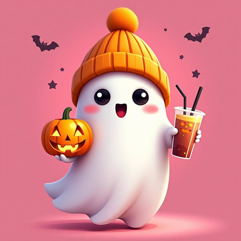  create a digital painting featuring a cute ghost character. the ghost should be wearing an orange knit beanie with a pom pom on top. in one hand, the ghost should hold a pumpkin with a carved face, and in the other hand, a halloween themed drink with a straw. the background should be pink and include small black bats and stars to add a playful halloween touch. the overall style should be cute, whimsical, and colorful hyperrealistic, full body, detailed clothing, highly detailed, cinematic lighting, stunningly beautiful, intricate, sharp focus, f/1. 8, 85mm, (centered image composition), (professionally color graded), ((bright soft diffused light)), volumetric fog, trending on instagram, trending on tumblr, HDR 4K, 8K