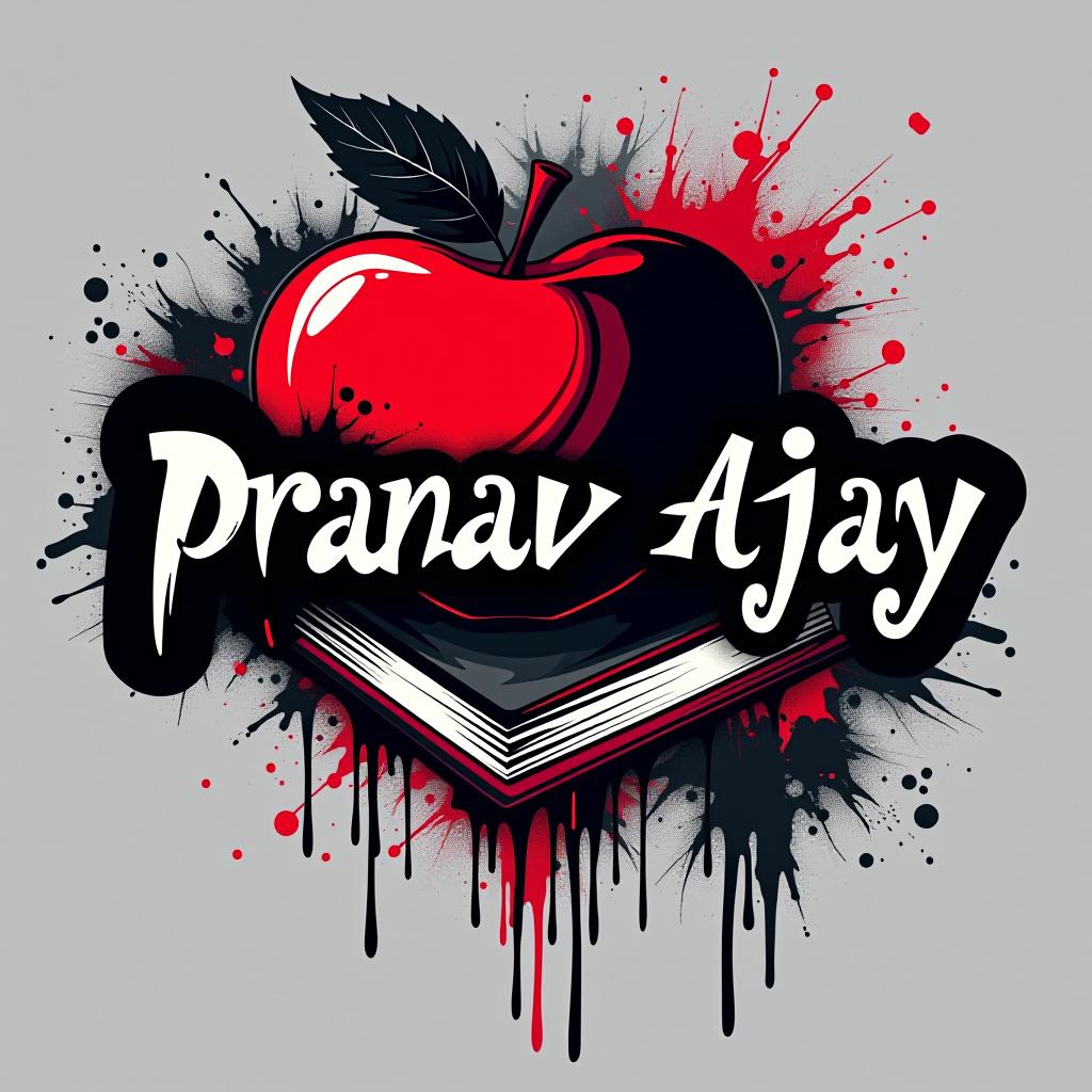  graffiti art style, design a logo using photoshop style effects. the logo should prominently feature the text 'pranav ajay' in a sleek, anime inspired font. incorporate elements and motifs from death note, such as the death note book or a stylized apple, ensuring the design is unique and original. the color scheme should be dark and dramatic, reflecting the intense and mysterious atmosphere of the anime.", dynamic, dramatic, vibrant colors, graffiti art style