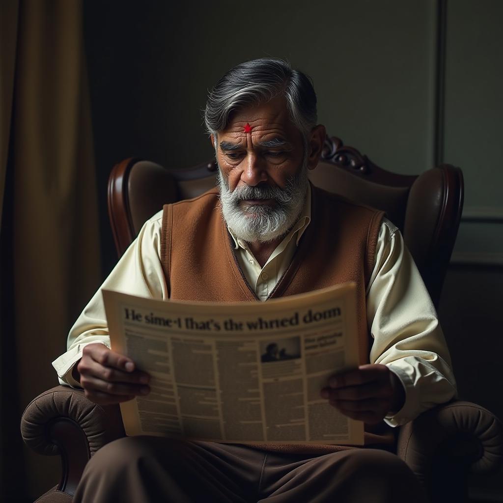  an indian man reading news paper, room, dark lighting, high quality, realistic, perfectly drawn hands hyperrealistic, full body, detailed clothing, highly detailed, cinematic lighting, stunningly beautiful, intricate, sharp focus, f/1. 8, 85mm, (centered image composition), (professionally color graded), ((bright soft diffused light)), volumetric fog, trending on instagram, trending on tumblr, HDR 4K, 8K