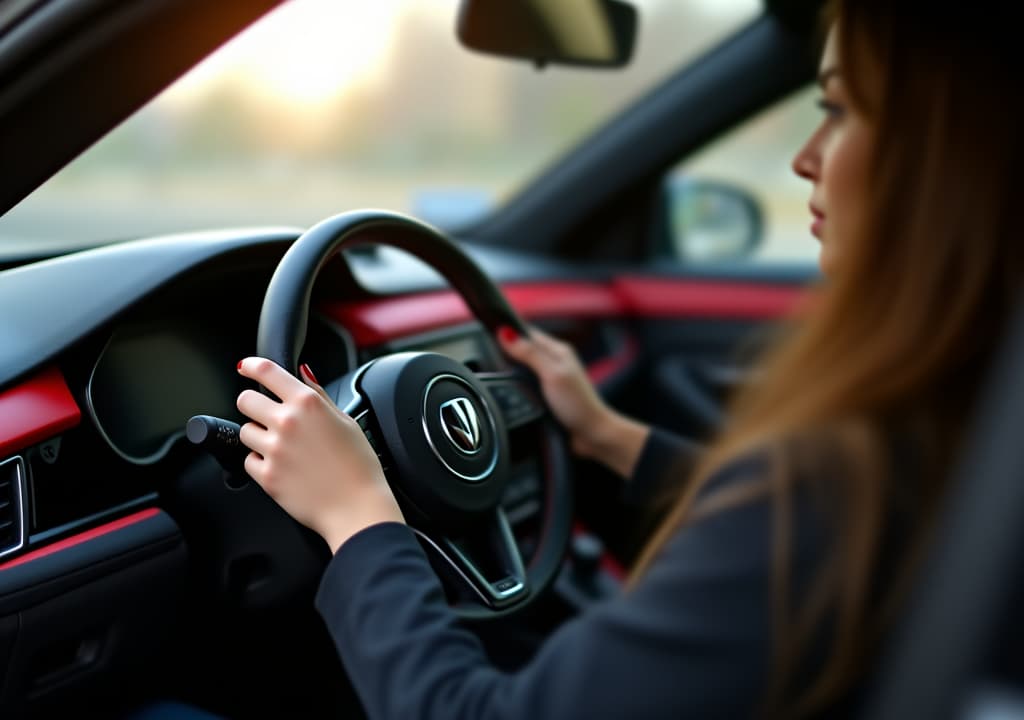  female hands with red painted nails on the steering wheel, woman sitting in a luxurious car interior in black and red colors. lady automobile driver, holding drivers wheel, controlling vehicle,turning