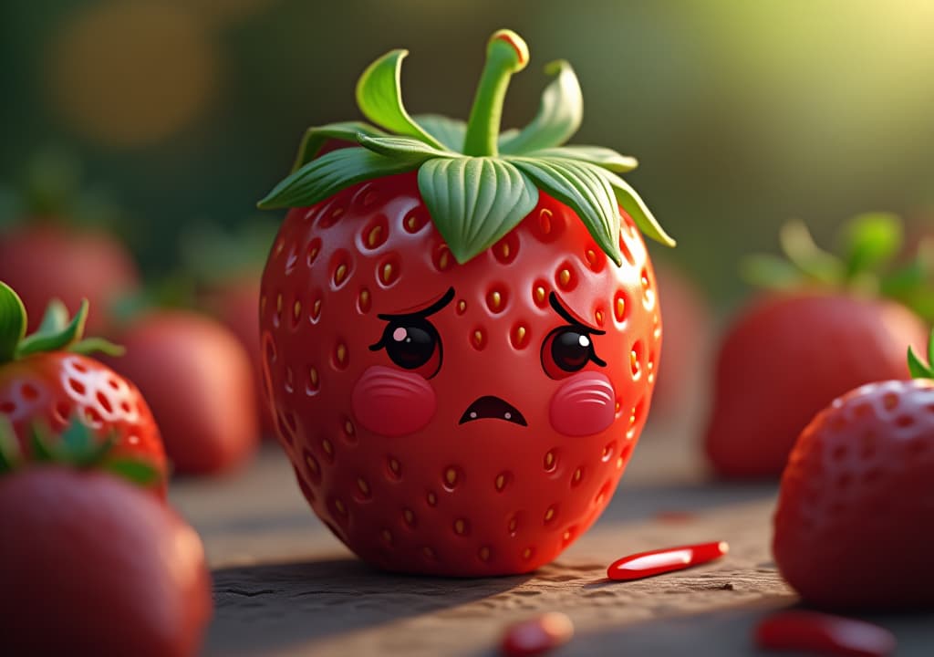  cute cartoon sad strawberry character, high quality, high details, hd, perfect composition, 4k epic detailed, highly detailed, sharp focus, high resolution