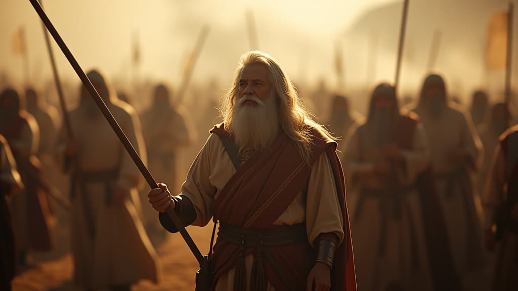  history of biblical times, gideon blowing the ram's horn to gather troops, with determined israelites responding eagerly to his call amidst an atmosphere of hope and urgency. hyperrealistic, full body, detailed clothing, highly detailed, cinematic lighting, stunningly beautiful, intricate, sharp focus, f/1. 8, 85mm, (centered image composition), (professionally color graded), ((bright soft diffused light)), volumetric fog, trending on instagram, trending on tumblr, HDR 4K, 8K