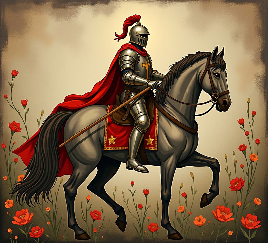  medieval style painting illustration of a knight on his horse against a floral background