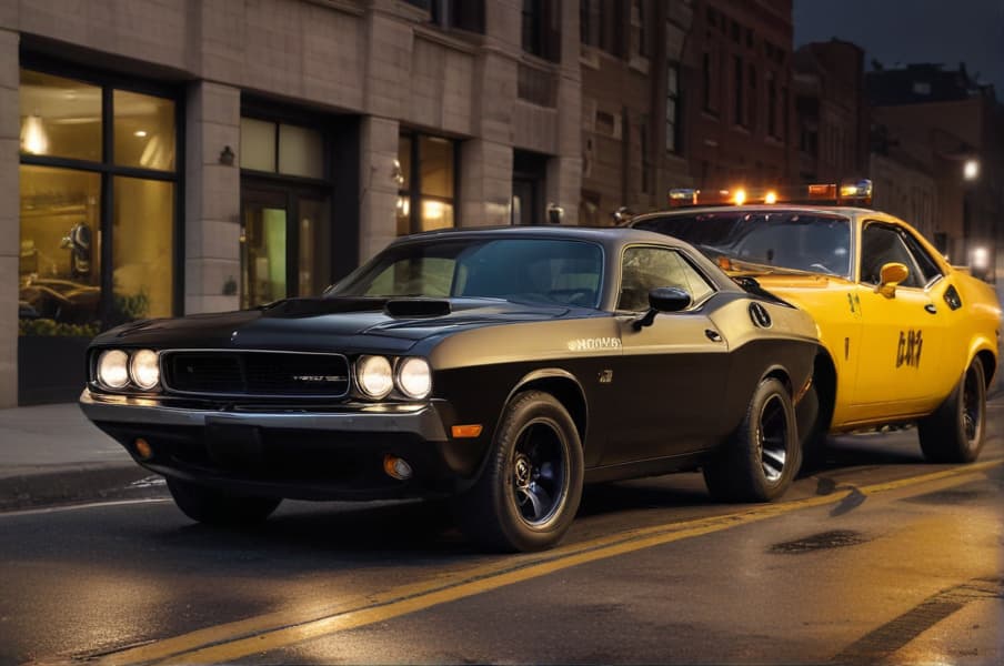 The image depicts a sleek black Dodge Challenger parked on the side of a city street, reminiscent of a scene from the "Fast and the Furious" movie franchise. The Dodge Challenger exudes power and speed, with its glossy black paint shining under the streetlights. Positioned beside the Challenger is a sturdy tow truck, its yellow and black livery contrasting against the dark backdrop. The tow truck stands ready, its hydraulic arm extended towards the front of the Challenger, ready to hook onto the vehicle. The scene captures the juxtaposition of speed and power with the necessity of towing and rescue operations, reminiscent of the thrilling moments seen in action movies.