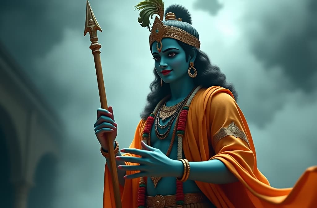  lord krishna theme wallpaper hyperrealistic, full body, detailed clothing, highly detailed, cinematic lighting, stunningly beautiful, intricate, sharp focus, f/1. 8, 85mm, (centered image composition), (professionally color graded), ((bright soft diffused light)), volumetric fog, trending on instagram, trending on tumblr, HDR 4K, 8K