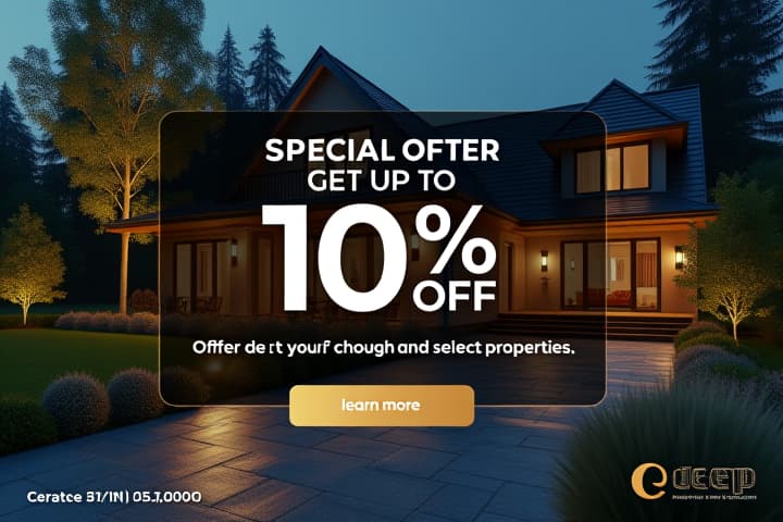  create a facebook ad for 'deep' real estate: content: highlight a special promotion (e.g., 'limited time offer: get up to 10% off on select properties'). image: use a high quality image of a featured property with a slight overlay for text readability. text overlay: include the offer details in bold, large font at the center. logo placement: place the 'deep' logo in a corner with a subtle shadow for visibility. call to action: add a button that says 'learn more' in a contrasting color like gold. hyperrealistic, full body, detailed clothing, highly detailed, cinematic lighting, stunningly beautiful, intricate, sharp focus, f/1. 8, 85mm, (centered image composition), (professionally color graded), ((bright soft diffused light)), volumetric fog, trending on instagram, trending on tumblr, HDR 4K, 8K