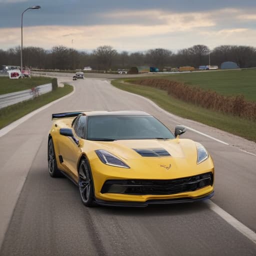 Chevrolet corvette On winding road with a Chevrolet dealership with Addison Chevrolet in the background