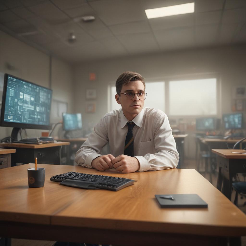 ((masterpiece)),(((best quality))), 8k, high detailed, ultra detailed,A menacing teacher teaching young students about Bitcoin, school desks, computer screens, frightened children, educational setting hyperrealistic, full body, detailed clothing, highly detailed, cinematic lighting, stunningly beautiful, intricate, sharp focus, f/1. 8, 85mm, (centered image composition), (professionally color graded), ((bright soft diffused light)), volumetric fog, trending on instagram, trending on tumblr, HDR 4K, 8K