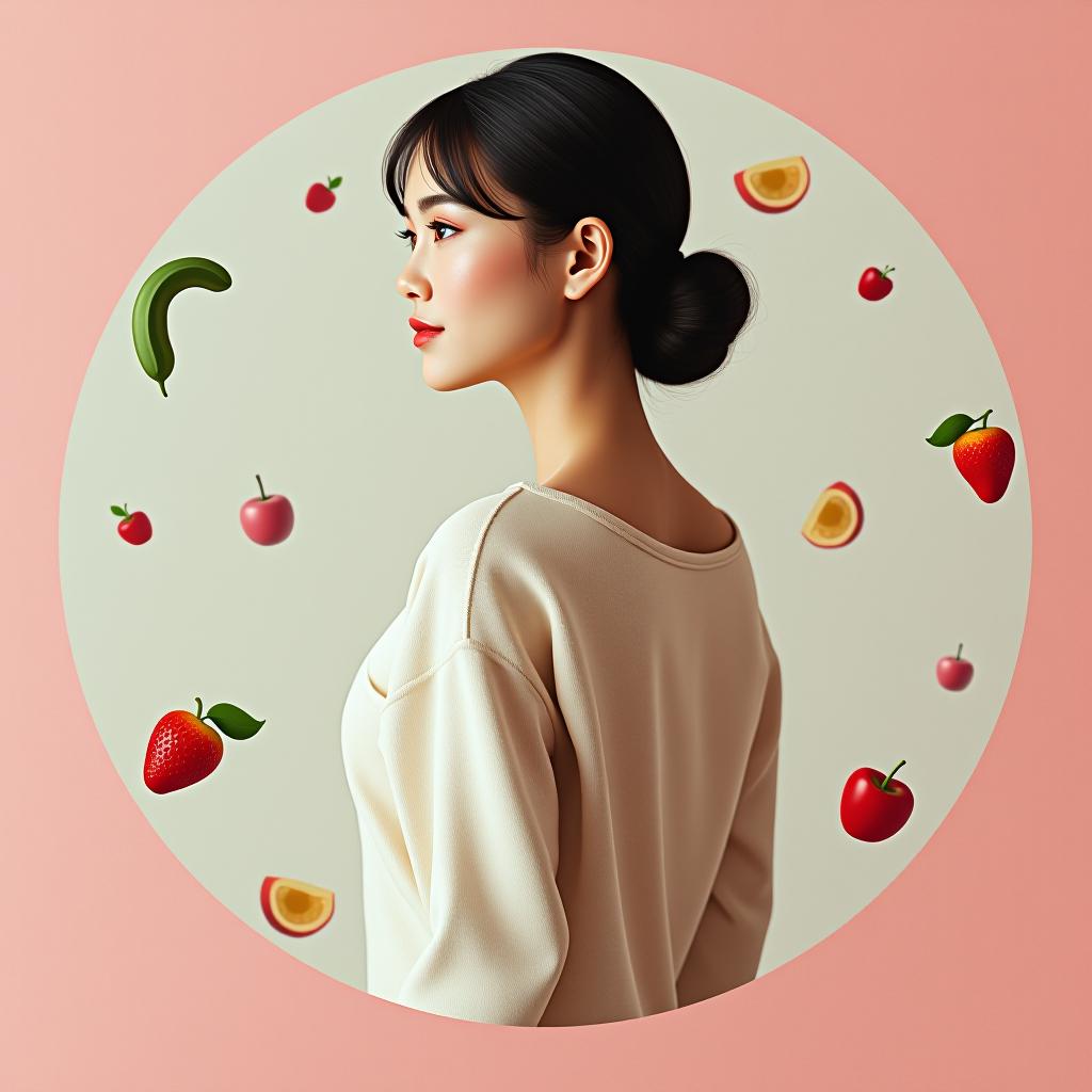  minimal style reflecting women ' s issues. imagine the circular form within which stylized elements symbolizing feminineity, such as fruits and vegetables, are located and associated with the right food / women ' s power symbols colour gamma: passive tones such as light pink, pale blue, white and cream. the avatar fleet should be simple and concise to avoid distracting attention from the basic element. hyperrealistic, full body, detailed clothing, highly detailed, cinematic lighting, stunningly beautiful, intricate, sharp focus, f/1. 8, 85mm, (centered image composition), (professionally color graded), ((bright soft diffused light)), volumetric fog, trending on instagram, trending on tumblr, HDR 4K, 8K