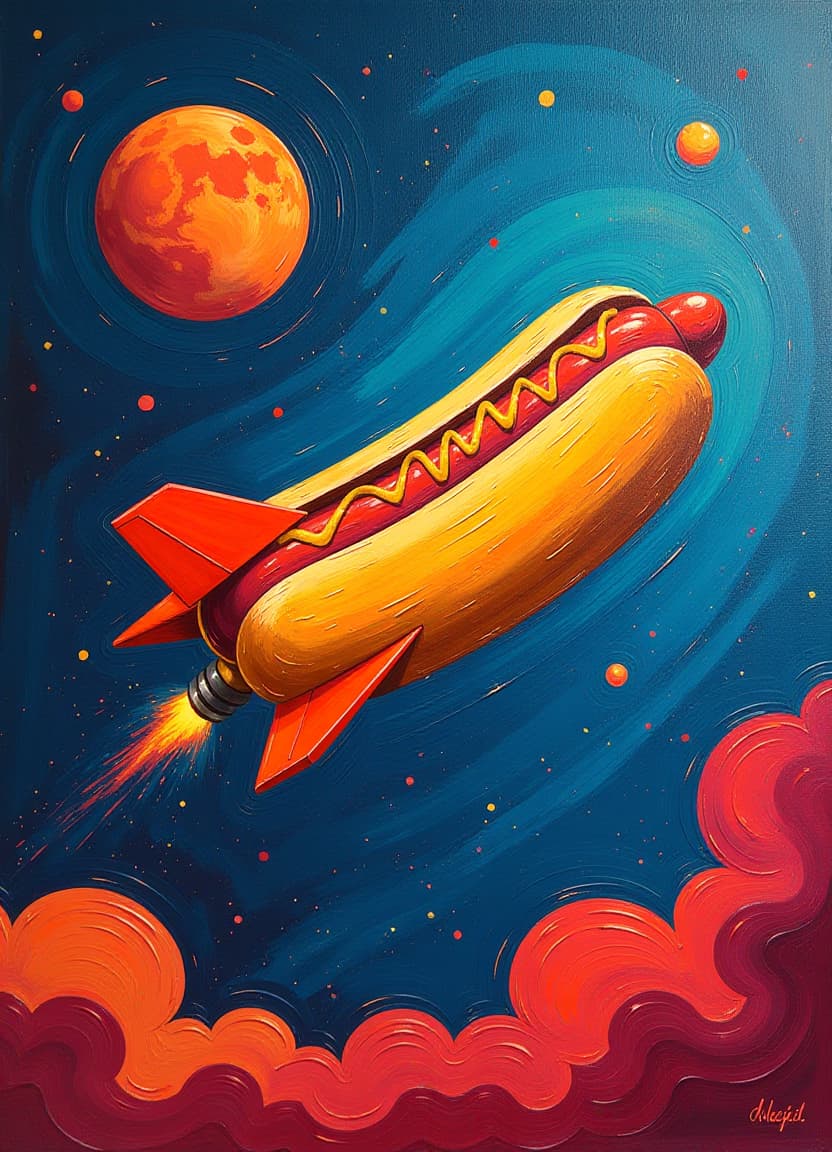  abstract expressionist painting hotdog as spaceship . energetic brushwork, bold colors, abstract forms, expressive, emotional