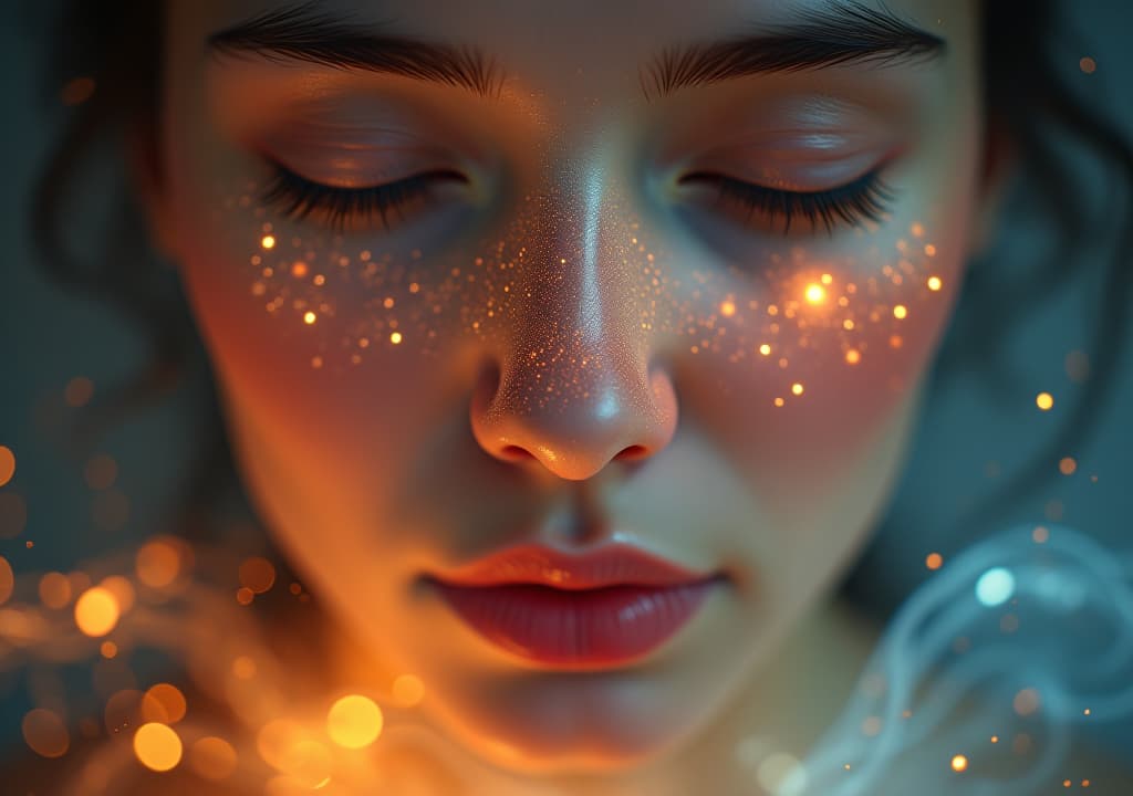  a close up of a glowing, ethereal nose surrounded by swirling, colorful auras. soft light illuminates the skin, with faint symbols of spirituality and energy radiating outward, set against a tranquil, dreamy backdrop. hyperrealistic, full body, detailed clothing, highly detailed, cinematic lighting, stunningly beautiful, intricate, sharp focus, f/1. 8, 85mm, (centered image composition), (professionally color graded), ((bright soft diffused light)), volumetric fog, trending on instagram, trending on tumblr, HDR 4K, 8K