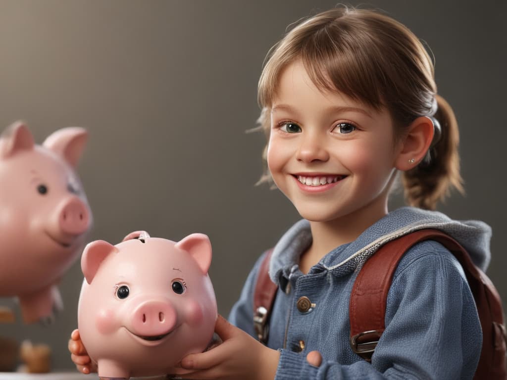 ultra realistic ((ultra realistic ((a child holding a piggy bank and smiling)))) hyperrealistic, full body, detailed clothing, highly detailed, cinematic lighting, stunningly beautiful, intricate, sharp focus, f/1. 8, 85mm, (centered image composition), (professionally color graded), ((bright soft diffused light)), volumetric fog, trending on instagram, trending on tumblr, HDR 4K, 8K