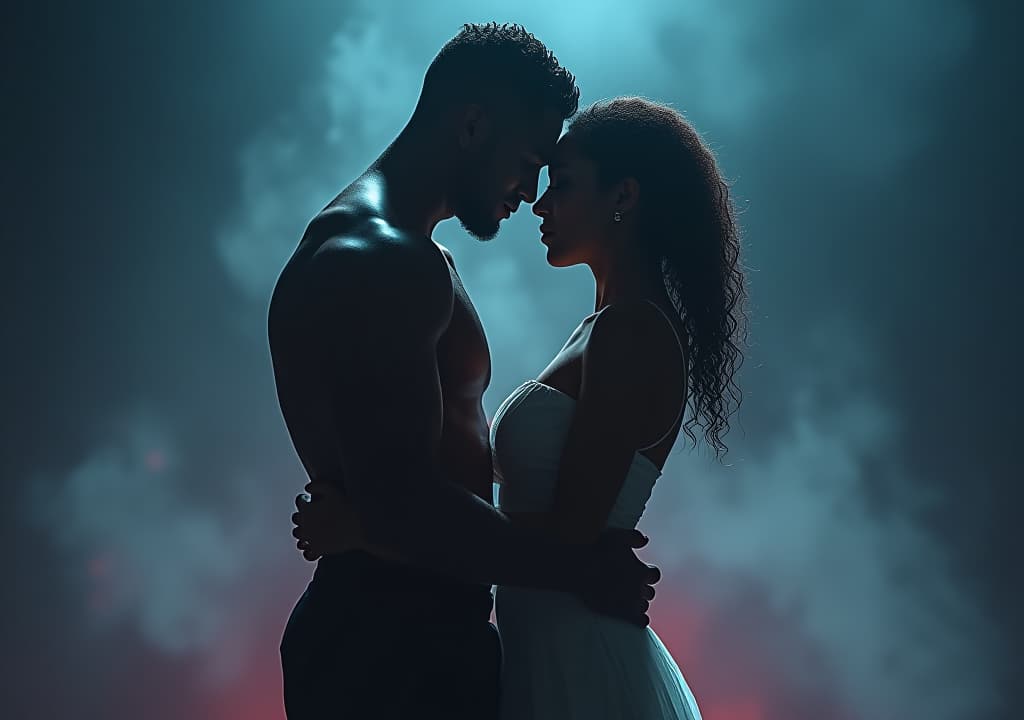  dark skinned couple embracing in love. muscular. ya paranormal fantasy concept. darkness with color burst. mist, smoke, fog. couple in love. glowing light. surreal epic fantasy dystopian love