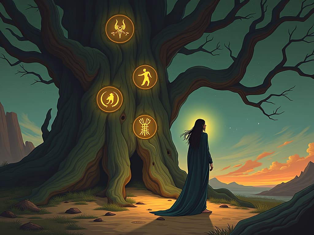  an ancient tree with glowing symbols carved into its bark, large busted woman in mystical robes, interpreting the whispers of the world, sense of discovery. the style is digital art illustration / modern comic book / mysterious occult, symbolic, esoteric vibe,high detail on character design, incorporating ancient egyptian symbology and attire.