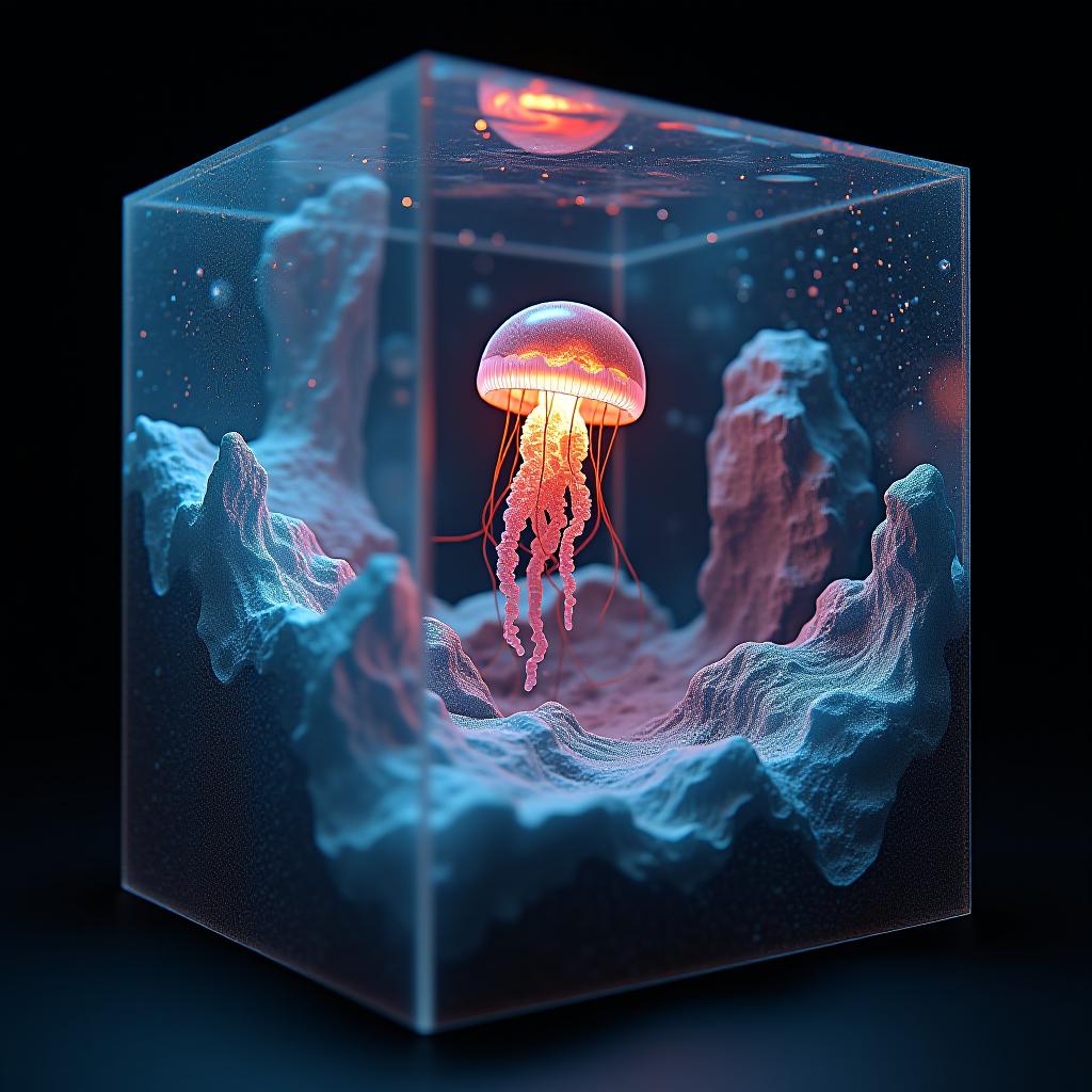  sci fi cosmic diarama of a quasar and jellyfish in a resin cube, volumetric lighting, high resolution, hdr, sharpen, photorealism