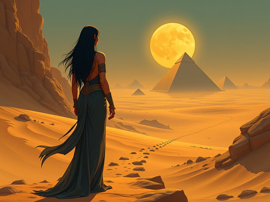  guiding light in a vast desert, leading towards an oasis, with a large busted woman as the beacon. the style is digital art illustration / modern comic book / mysterious occult, symbolic, esoteric vibe,high detail on character design, incorporating ancient egyptian symbology and attire.