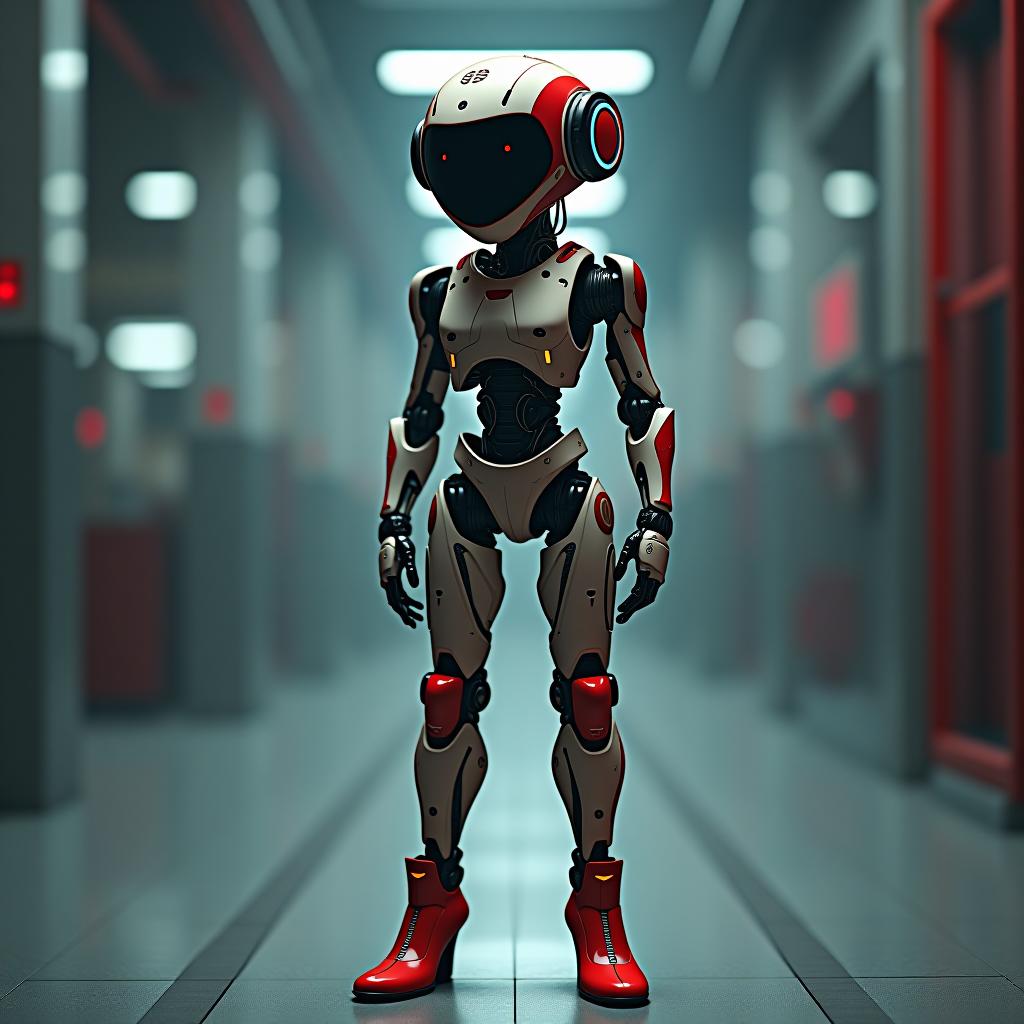  cybernetic robot a young with two red porridge long shoes with red shoes on high heels . android, ai, machine, metal, wires, tech, futuristic, highly detailed hyperrealistic, full body, detailed clothing, highly detailed, cinematic lighting, stunningly beautiful, intricate, sharp focus, f/1. 8, 85mm, (centered image composition), (professionally color graded), ((bright soft diffused light)), volumetric fog, trending on instagram, trending on tumblr, HDR 4K, 8K