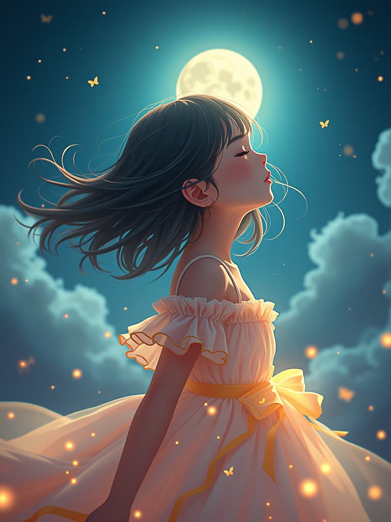  a portrait of a cute girl with a luminous dress, eyes shut, mouth closed, wind, sky, clouds, the moon, moonlight, stars, universe, fireflies, butterflies, lights, lens flares effects, swirly bokeh, brush effect, in style of yoji shinkawa, jackson pollock, wojtek fus, by makoto shinkai, concept art, celestial, amazing, astonishing, wonderful, beautiful, highly detailed, centered hyperrealistic, full body, detailed clothing, highly detailed, cinematic lighting, stunningly beautiful, intricate, sharp focus, f/1. 8, 85mm, (centered image composition), (professionally color graded), ((bright soft diffused light)), volumetric fog, trending on instagram, trending on tumblr, HDR 4K, 8K