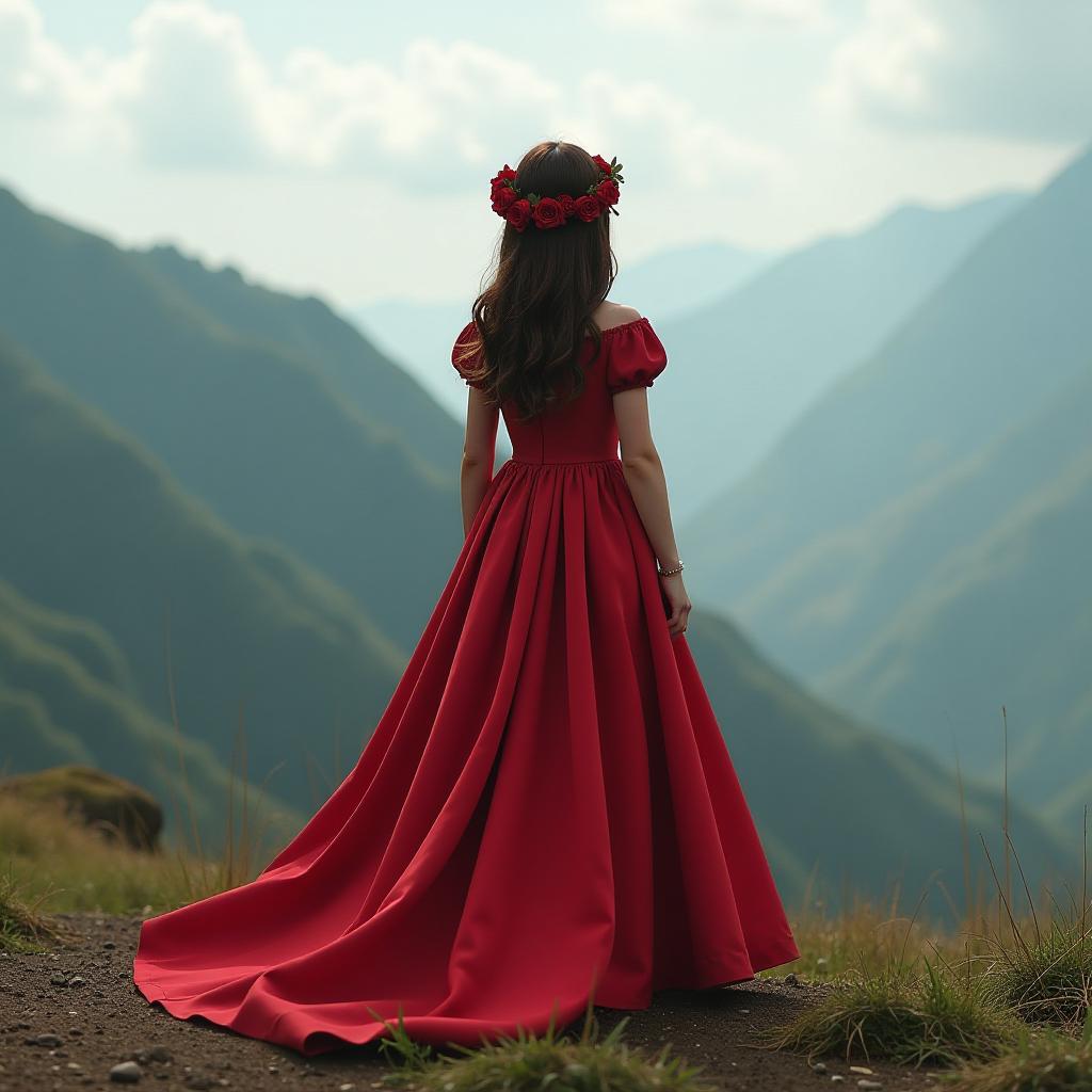  a girl with brown hair stands on a mountain, facing away. she has a red wreath of roses on her head and is wearing a red dress with a train. hyperrealistic, full body, detailed clothing, highly detailed, cinematic lighting, stunningly beautiful, intricate, sharp focus, f/1. 8, 85mm, (centered image composition), (professionally color graded), ((bright soft diffused light)), volumetric fog, trending on instagram, trending on tumblr, HDR 4K, 8K