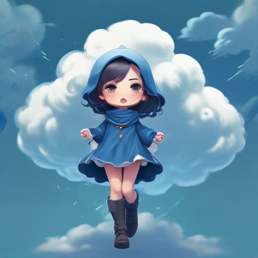 A cloud covered woman, surrounded in blue, chibi, 2d, digital art, artstation, classic art, dynamic, high quality