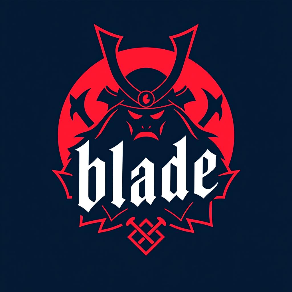  design a logo, emblem logo, with the written text ‘blade’, samurai theme, red and blue.