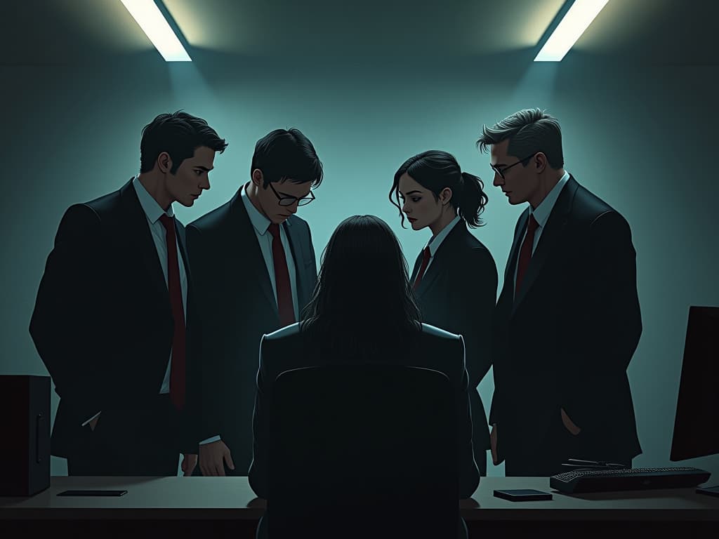  colleagues in professional attire, huddled together whispering, one person isolated at their desk, overhead fluorescent lights casting a harsh, clinical glow, mood of alienation.. the style is dark fantasy and mysterious occult, symbolic, moody lighting, esoteric vibe,high detail on character design. for the color scheme emphasize blacks and reds.