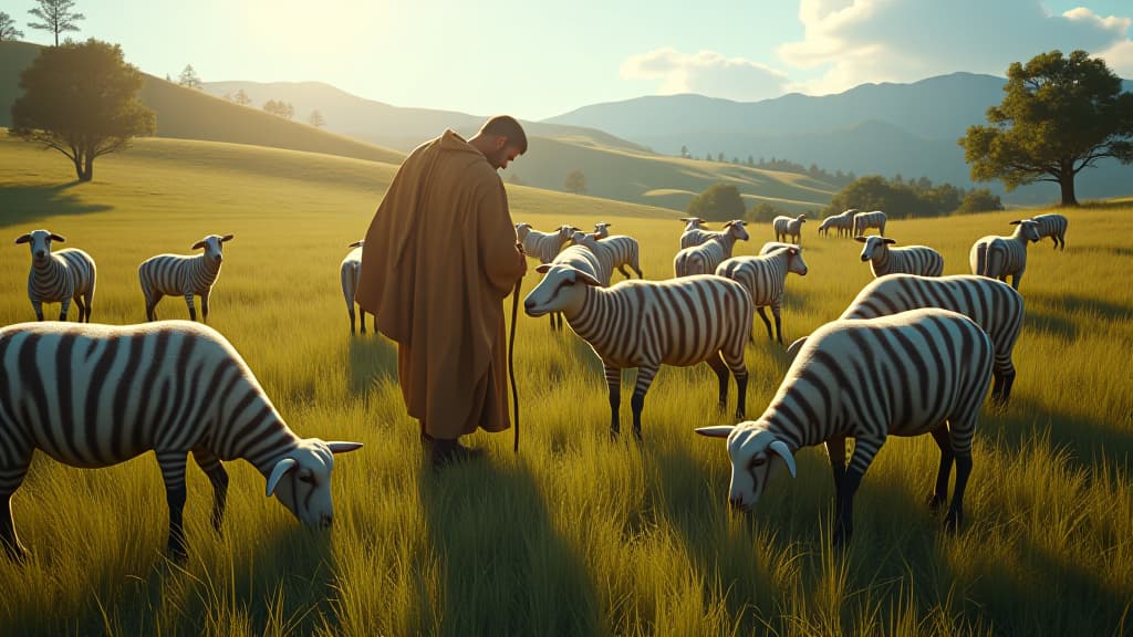  biblical times, jacob's salary: a vivid scene depicting striped and spotted sheep grazing in a lush pasture, under a bright sky, showcasing various patterns on the sheep's wool. the background includes rolling hills and trees, with jacob tending to his flock, highlighting the unique beauty of these animals. hyperrealistic, full body, detailed clothing, highly detailed, cinematic lighting, stunningly beautiful, intricate, sharp focus, f/1. 8, 85mm, (centered image composition), (professionally color graded), ((bright soft diffused light)), volumetric fog, trending on instagram, trending on tumblr, HDR 4K, 8K