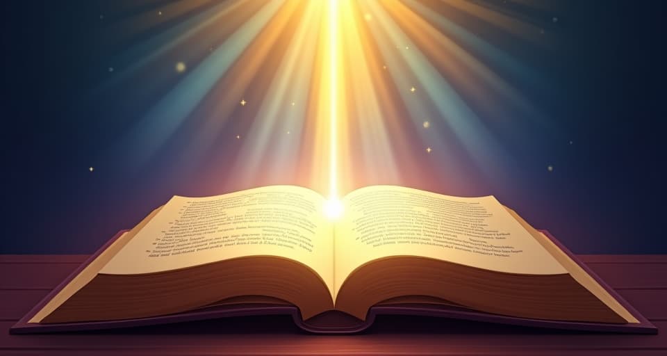  heavenly light shining down on an open book of prayers, mystical text, sacred setting. the style is digital art illustration,highly detailed, whimsical,magical, dreamlike atmosphere, realism and fantasy blend, smooth, glossy textures,luminous quality, wonder and enchantment.