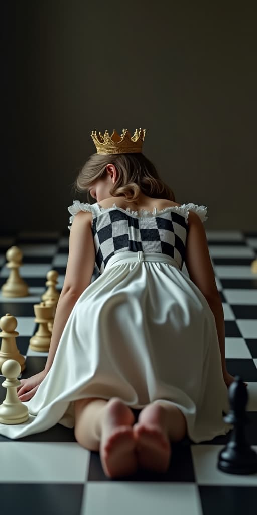  good quality, high quality, queen wearing white and black checkered dress crawling on floor. colossal chess pieces are decorated on her back