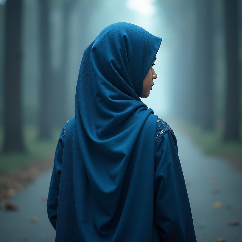  a muslim girl in a blue hijab stands with her back to the camera. hyperrealistic, full body, detailed clothing, highly detailed, cinematic lighting, stunningly beautiful, intricate, sharp focus, f/1. 8, 85mm, (centered image composition), (professionally color graded), ((bright soft diffused light)), volumetric fog, trending on instagram, trending on tumblr, HDR 4K, 8K