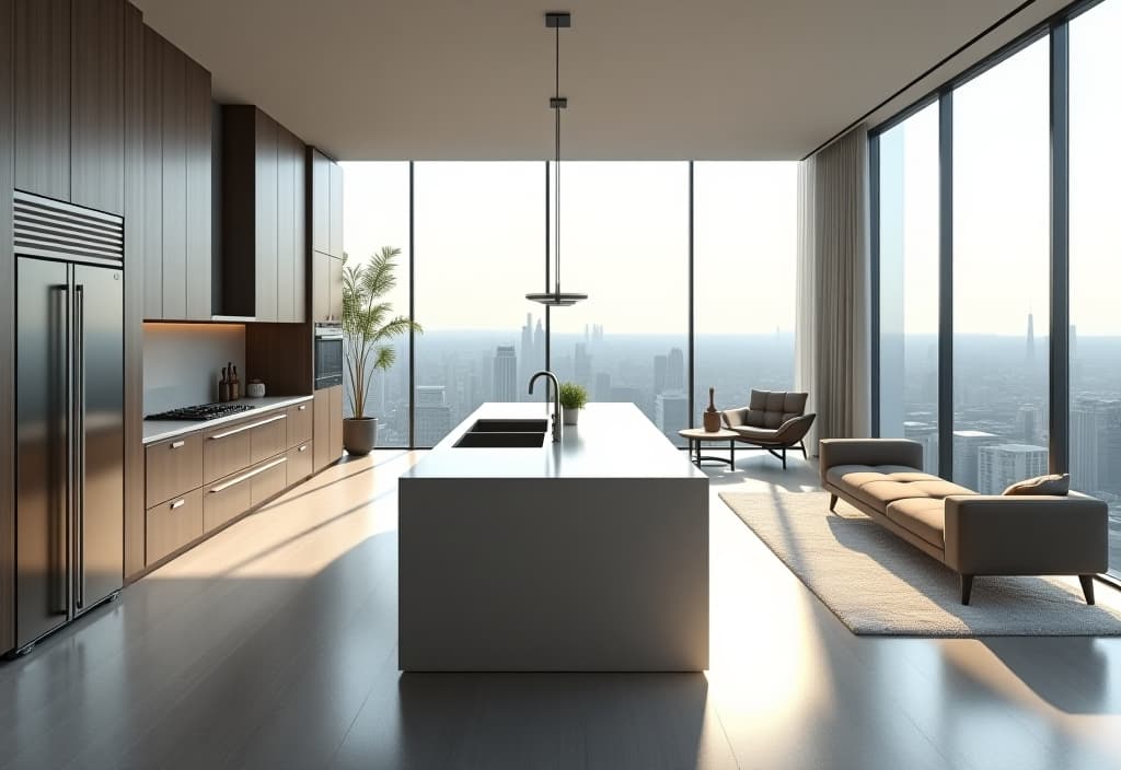  a landscape photo of a sleek, minimalist contemporary kitchen with clean lines, featuring a large central island, high end stainless steel appliances, and floor to ceiling windows overlooking a cityscape hyperrealistic, full body, detailed clothing, highly detailed, cinematic lighting, stunningly beautiful, intricate, sharp focus, f/1. 8, 85mm, (centered image composition), (professionally color graded), ((bright soft diffused light)), volumetric fog, trending on instagram, trending on tumblr, HDR 4K, 8K