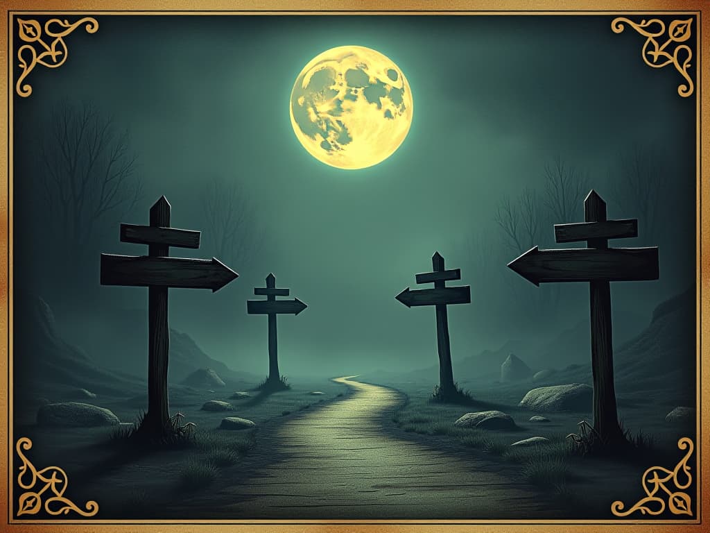  ancient crossroads with signs pointing in different directions, worn paths under moonlight, spectral glow, eerie mist enveloping the scene, mystical, enigmatic. an illustration in the style of a worn, mystical old tarot trump card, mysterious and elements of surrealism. the colors are muted, somber and eerie, but with contrast bring out an occult and esoteric vibe.