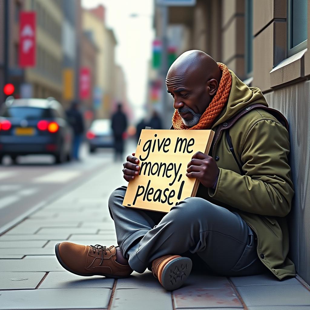  masterpiece. (a negro man, sitting on the pavement in a city, holding a sign that reads “give me money, please!”. watercolor. intense close up:1.5). highly detailed strokes, clarity. fantasy, surrealism, fairy tale style. hyperrealistic, full body, detailed clothing, highly detailed, cinematic lighting, stunningly beautiful, intricate, sharp focus, f/1. 8, 85mm, (centered image composition), (professionally color graded), ((bright soft diffused light)), volumetric fog, trending on instagram, trending on tumblr, HDR 4K, 8K