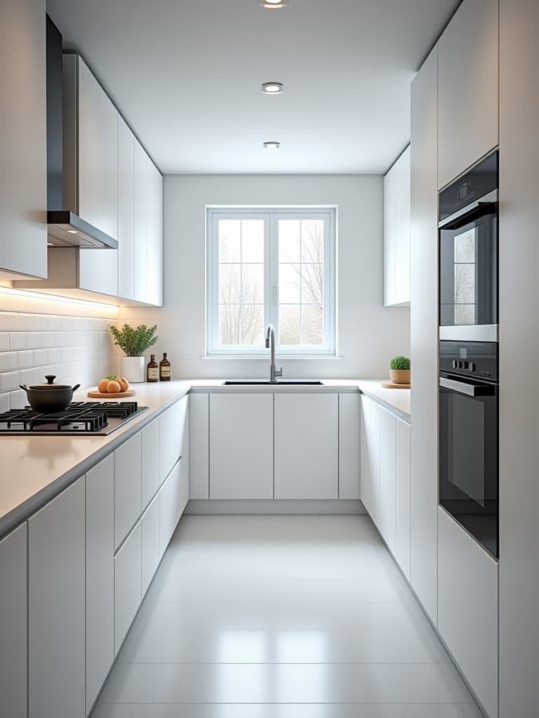  high quality portrait photo of a minimalist white galley kitchen with sleek cabinets, a subway tile backsplash, and innovative storage solutions, viewed from one end hyperrealistic, full body, detailed clothing, highly detailed, cinematic lighting, stunningly beautiful, intricate, sharp focus, f/1. 8, 85mm, (centered image composition), (professionally color graded), ((bright soft diffused light)), volumetric fog, trending on instagram, trending on tumblr, HDR 4K, 8K