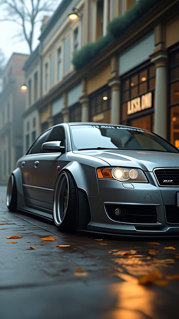  2005 audi s4, slammed, lowered, wide body, bbs wheels, work wheels, 19x12 wheels, silver, jd, 8k photo realistic, highly intricate and detailed, masterpiece, ultra high res,photography,8k resolution