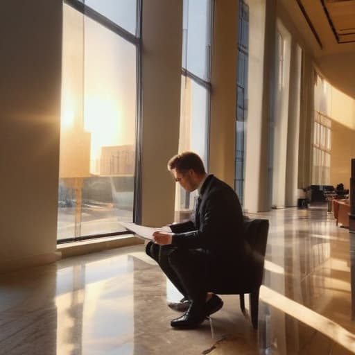 A photo of a confident lawyer examining legal documents in a sleek office building lobby in the late afternoon with warm, golden sunlight streaming through the floor-to-ceiling windows, casting a captivating glow on the polished marble floors and illuminating the intricate details of the documents on the table before him.